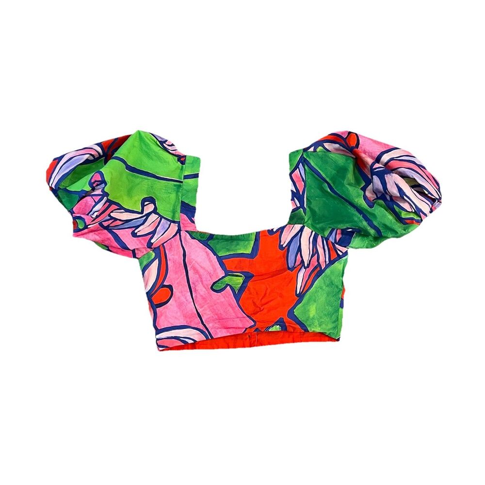 Farm Rio Crop‎ Top Small Puff Sleeve Artsy Button Up Water Color - Picture 2 of 5